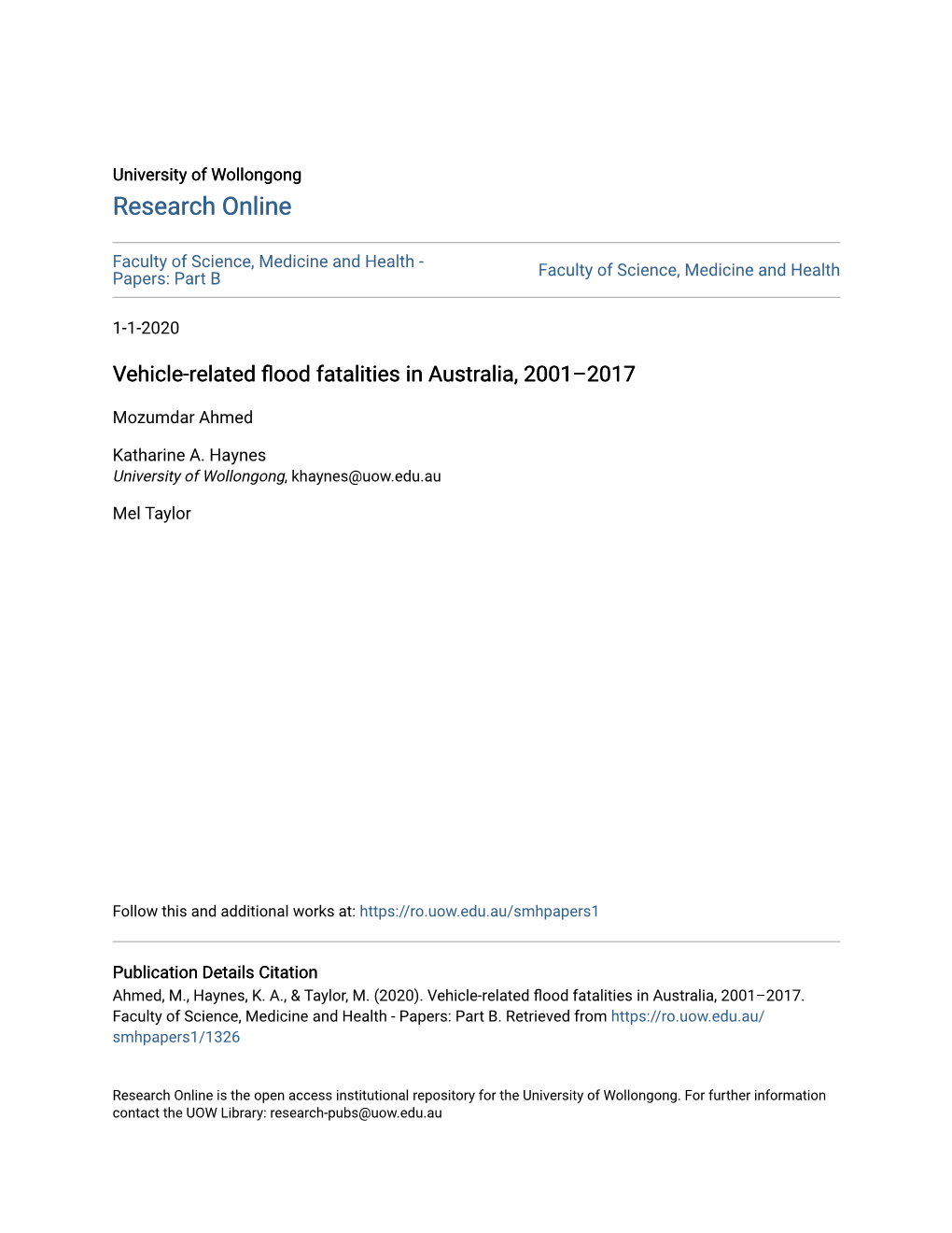 Vehicle-Related Flood Fatalities in Australia, 2001–2017
