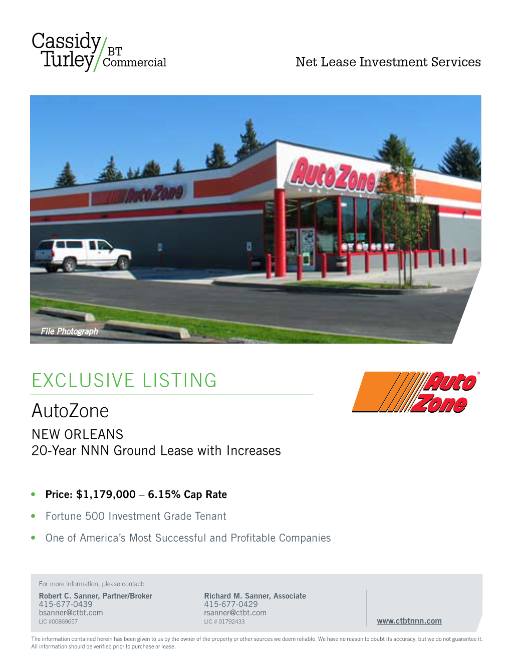 EXCLUSIVE LISTING Autozone New Orleans 20-Year NNN Ground Lease with Increases