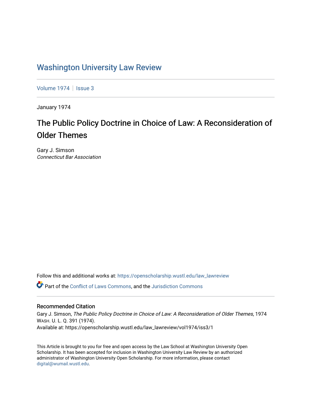 The Public Policy Doctrine in Choice of Law: a Reconsideration of Older Themes