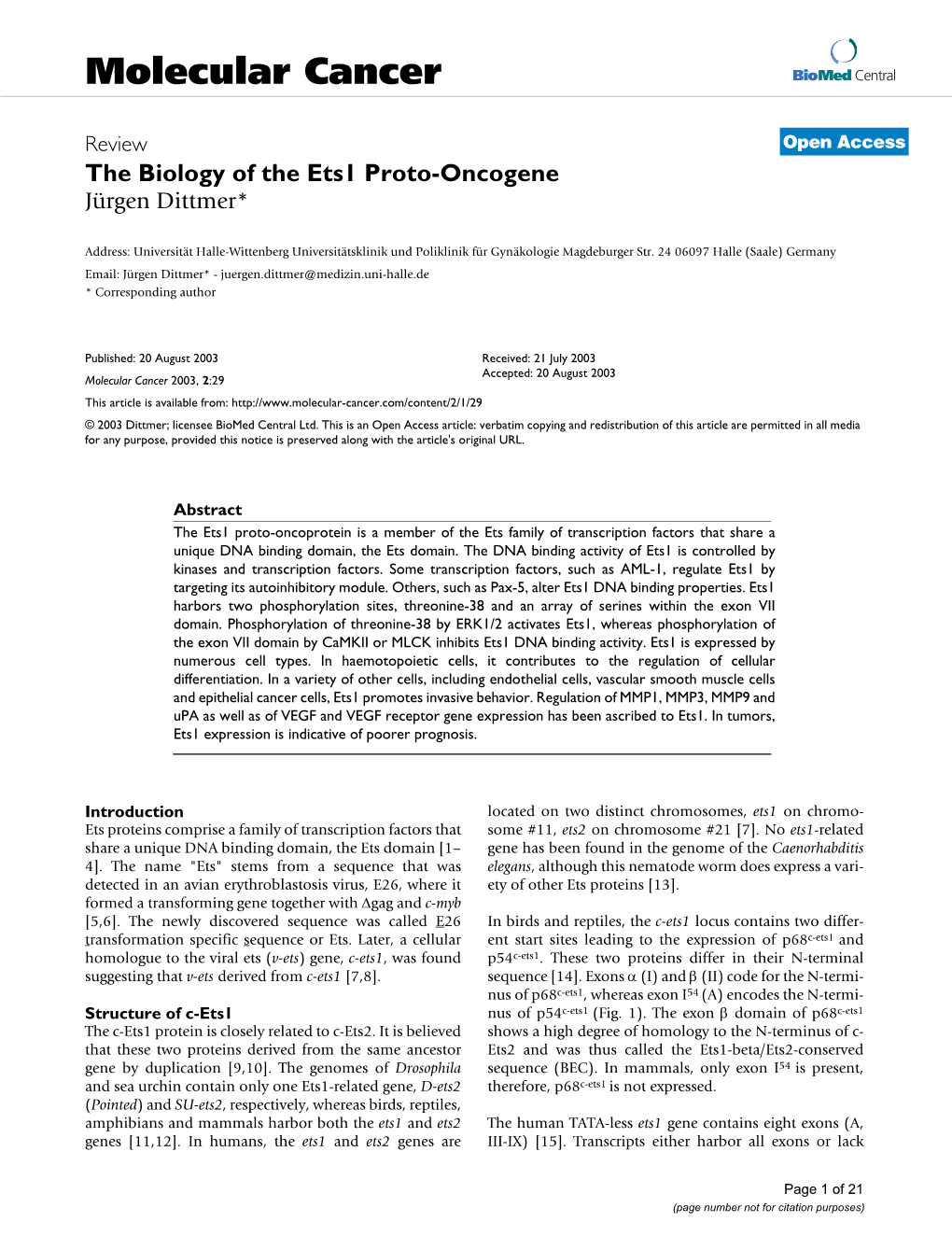 View Open Access the Biology of the Ets1 Proto-Oncogene Jürgen Dittmer*