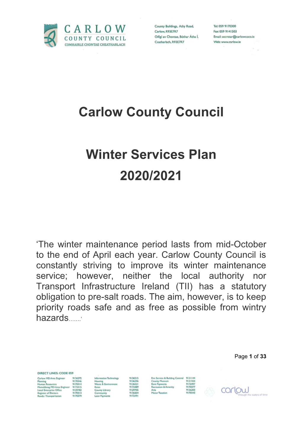 Carlow County Council Winter Services Plan 2020/2021