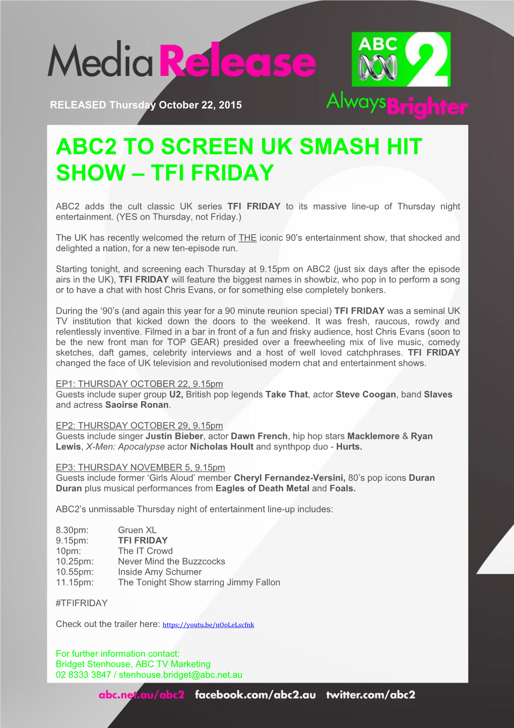 Abc2 to Screen Uk Smash Hit Show – Tfi Friday