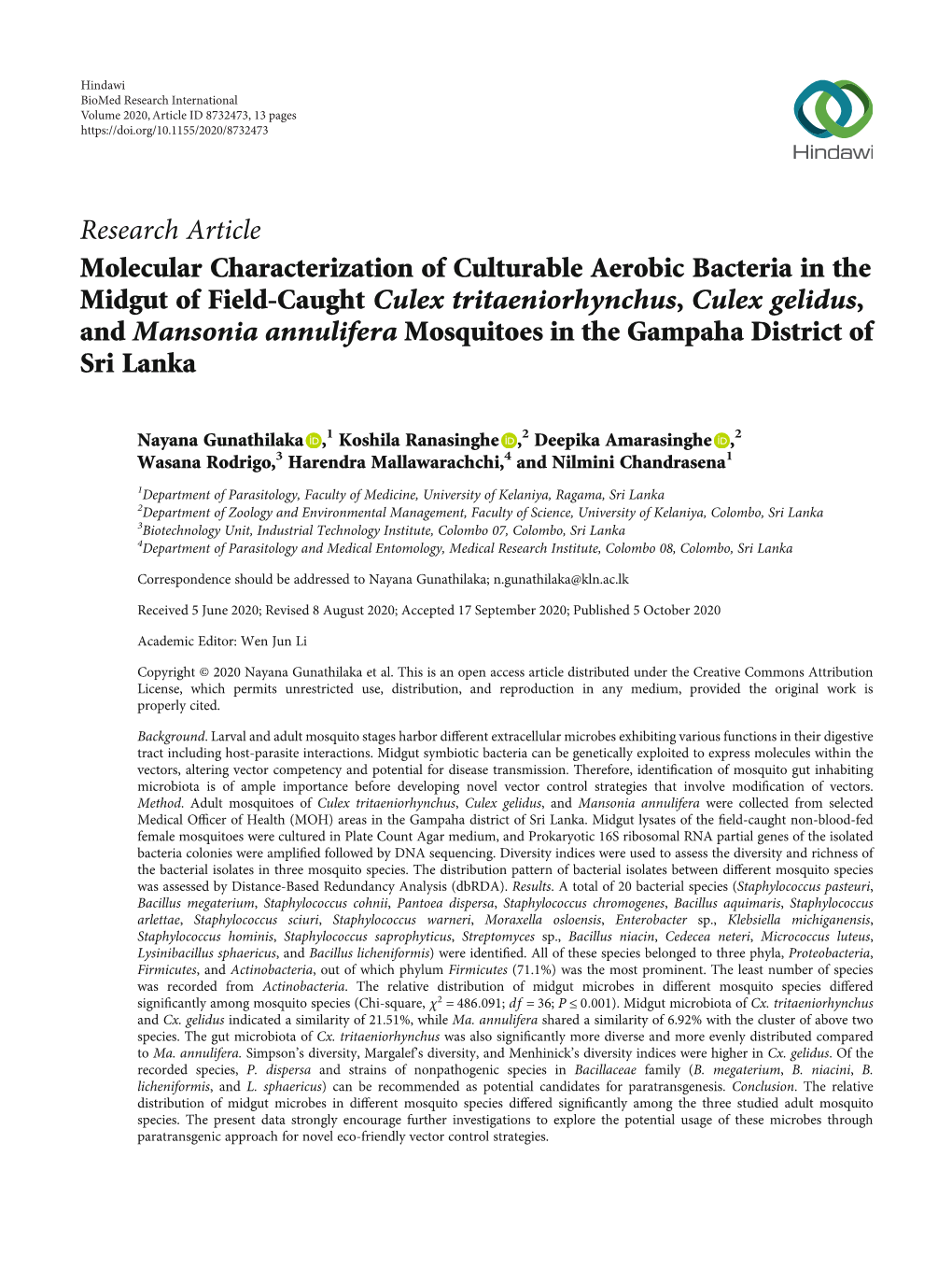 Molecular Characterization of Culturable Aerobic Bacteria in the Midgut of Field-Caught Culex Tritaeniorhynchus, Culex Gelidus, and Mansonia Annulifera Mosquitoes in the Gampaha