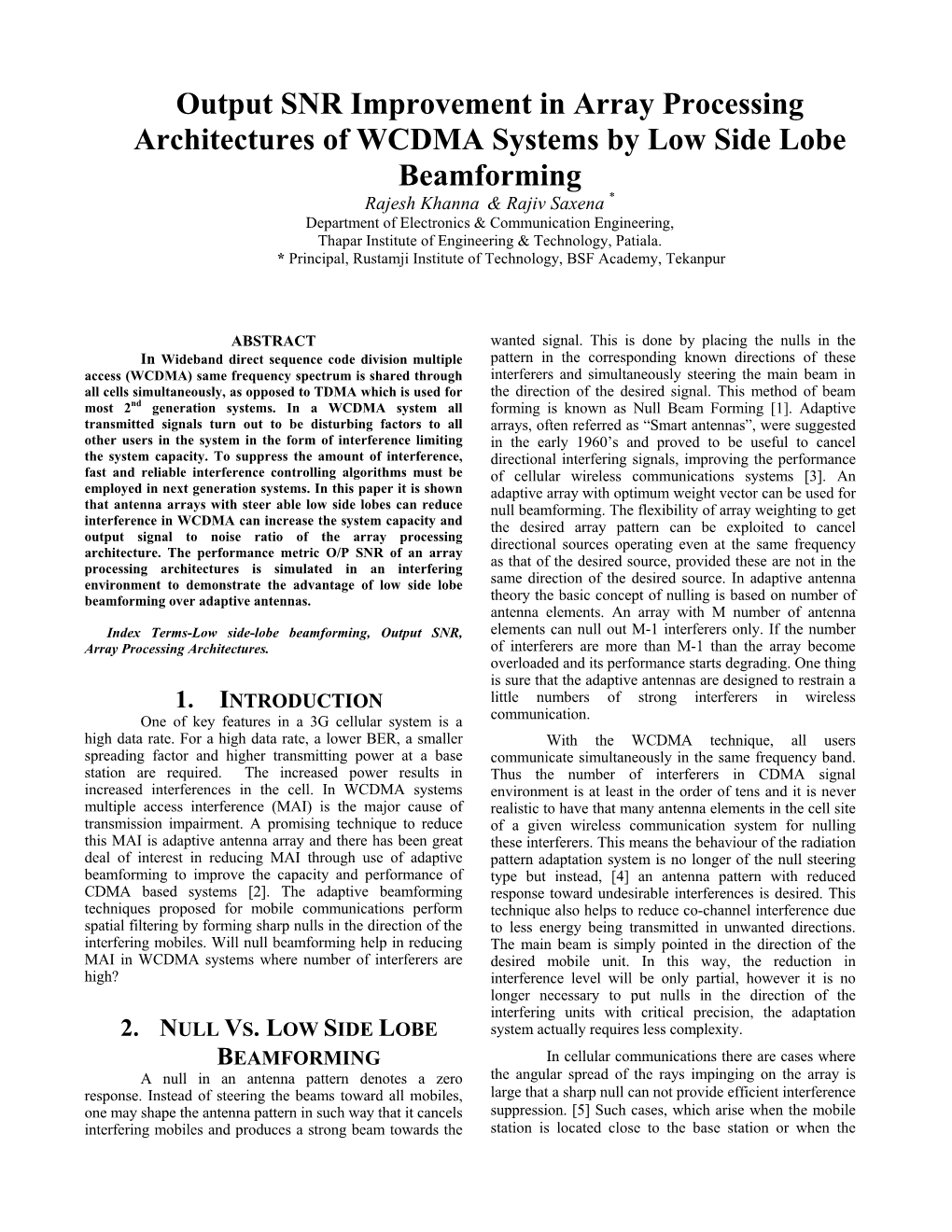 Output SNR Improvement in Array Processing Architectures of WCDMA Systems by Low Side Lobe Beamforming