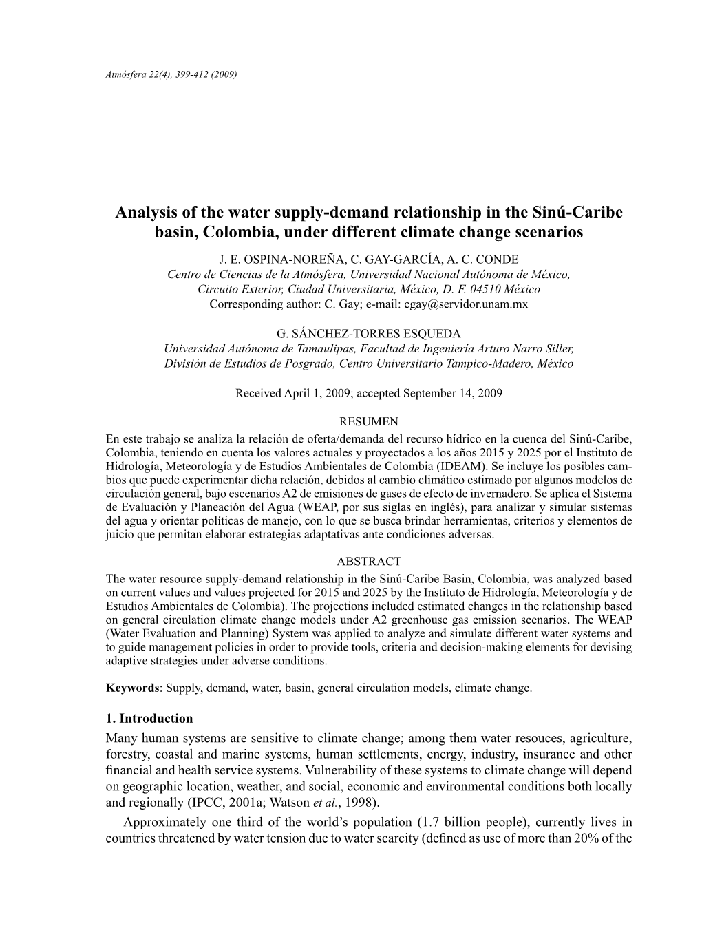 Analysis of the Water Supply-Demand Relationship in the Sinú-Caribe Basin, Colombia, Under Different Climate Change Scenarios J