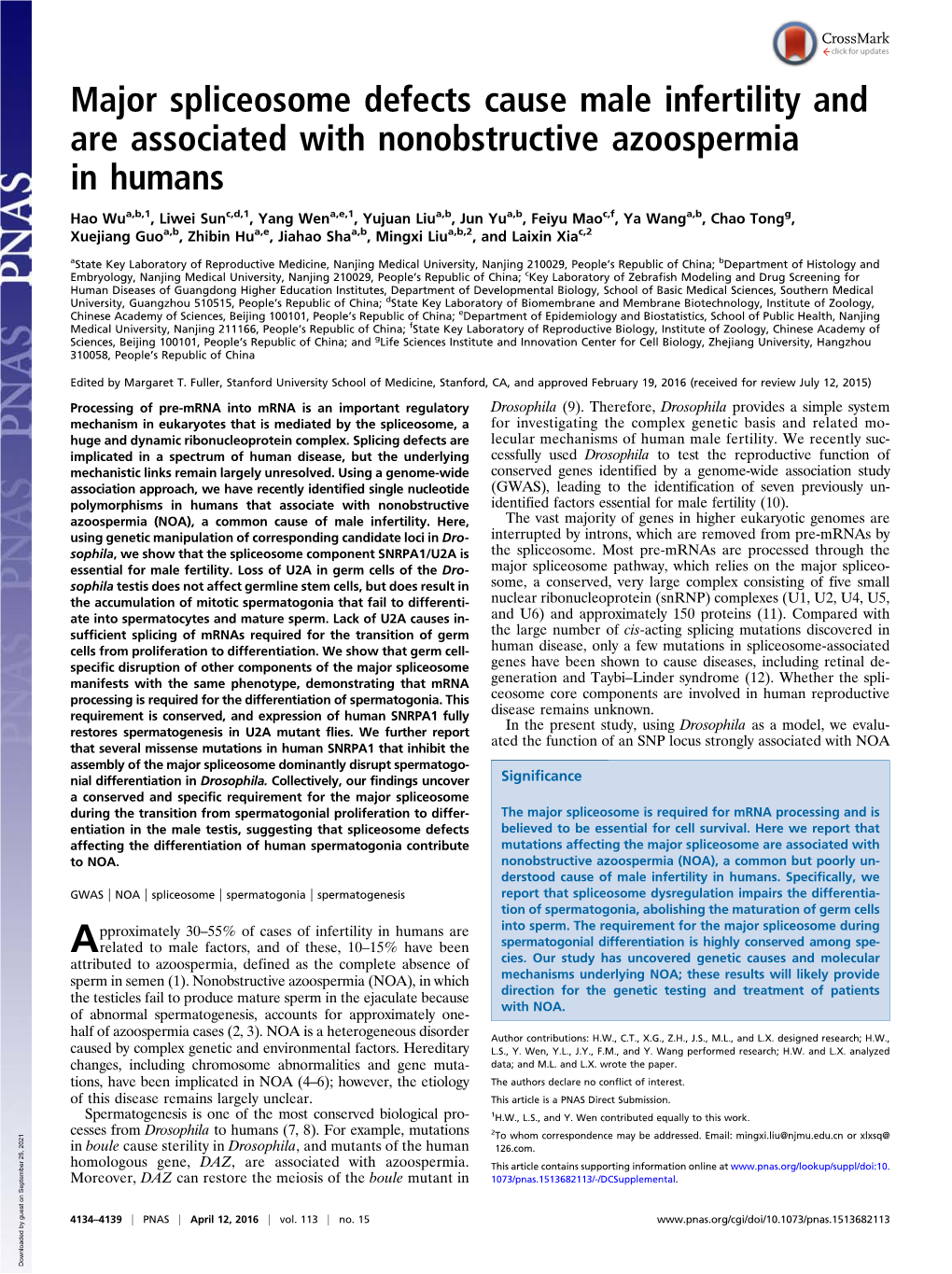 Major Spliceosome Defects Cause Male Infertility and Are Associated with Nonobstructive Azoospermia in Humans