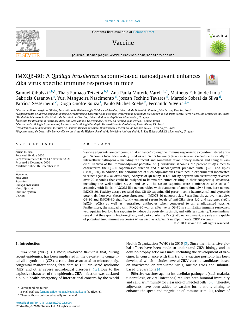 IMXQB-80: a Quillaja Brasiliensis Saponin-Based Nanoadjuvant Enhances Zika Virus Speciﬁc Immune Responses in Mice