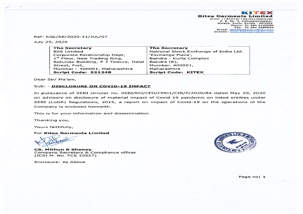 Disclosure of Covid-19 Impact to the Company