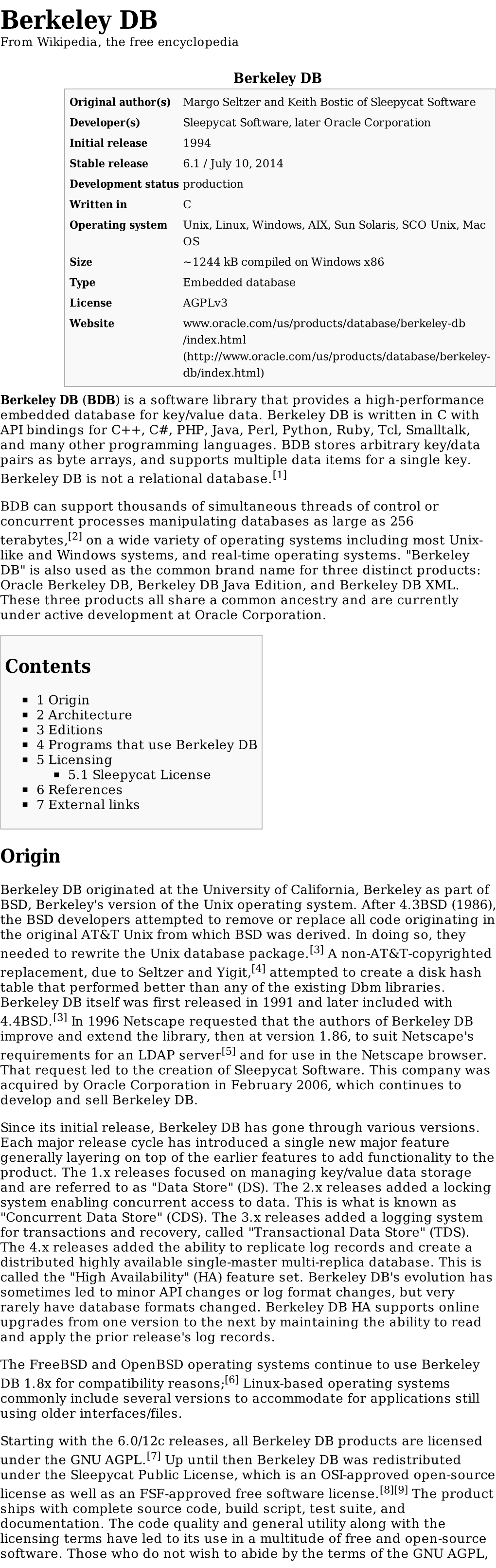 Berkeley DB from Wikipedia, the Free Encyclopedia