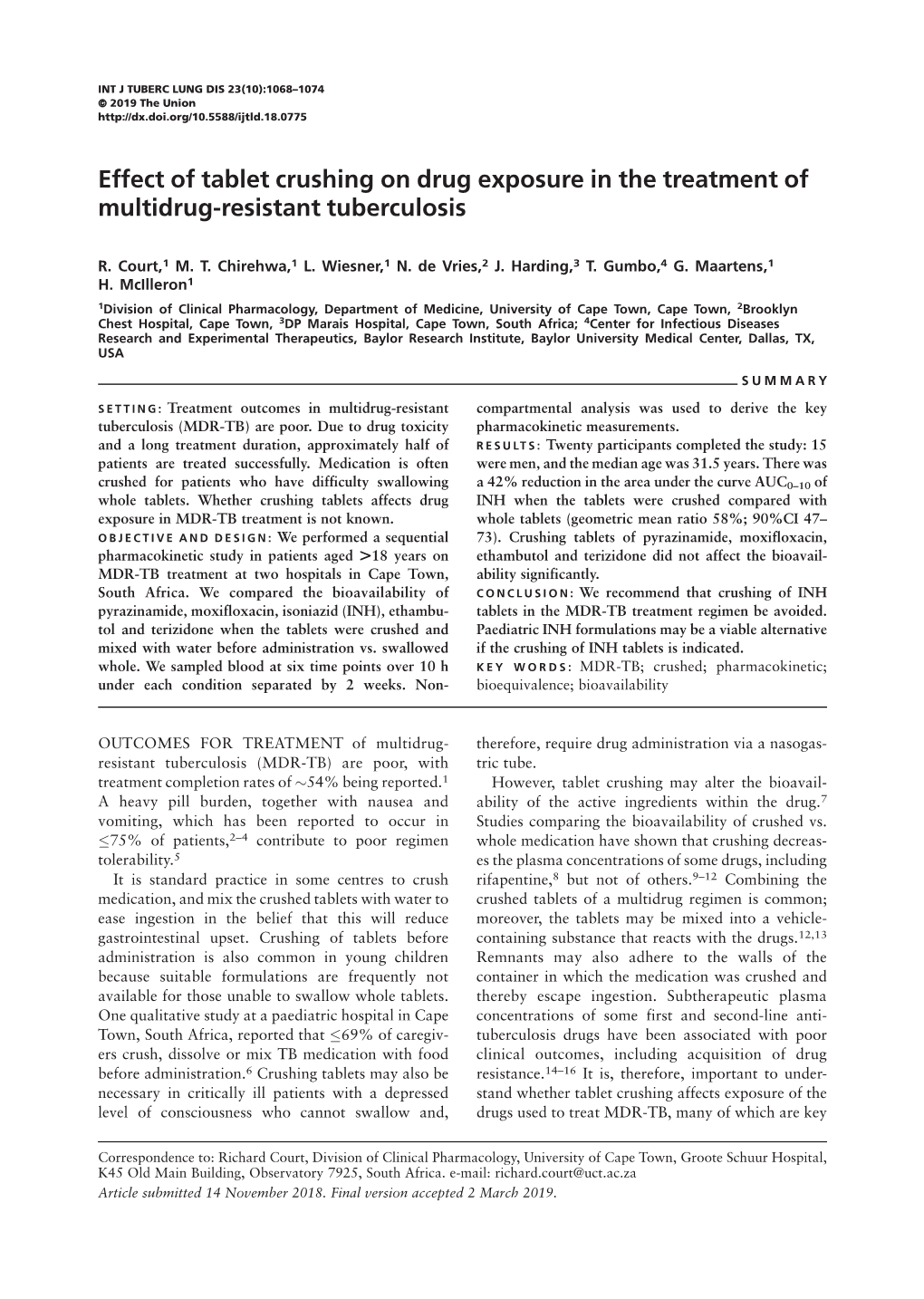 Effect of Tablet Crushing on Drug Exposure in the Treatment of Multidrug-Resistant Tuberculosis