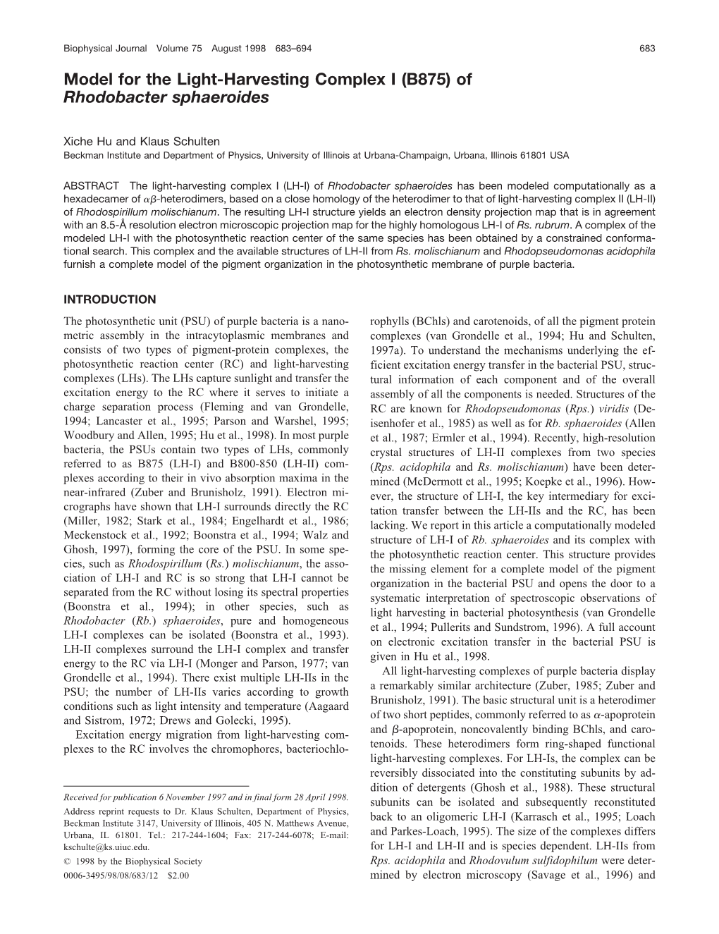 Model for the Light-Harvesting Complex I (B875) of Rhodobacter Sphaeroides