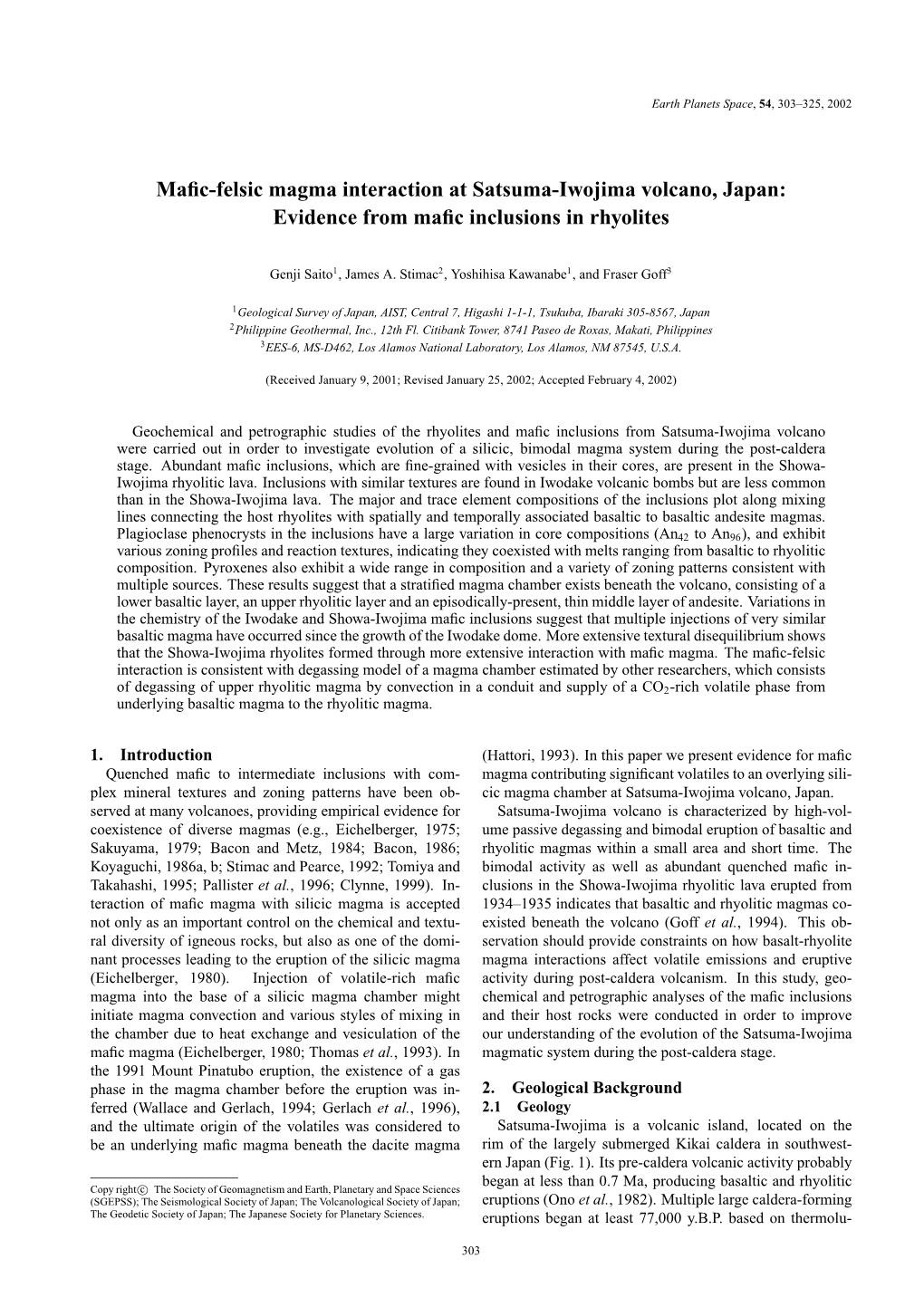 Mafic-Felsic Magma Interaction at Satsuma-Iwojima Volcano, Japan