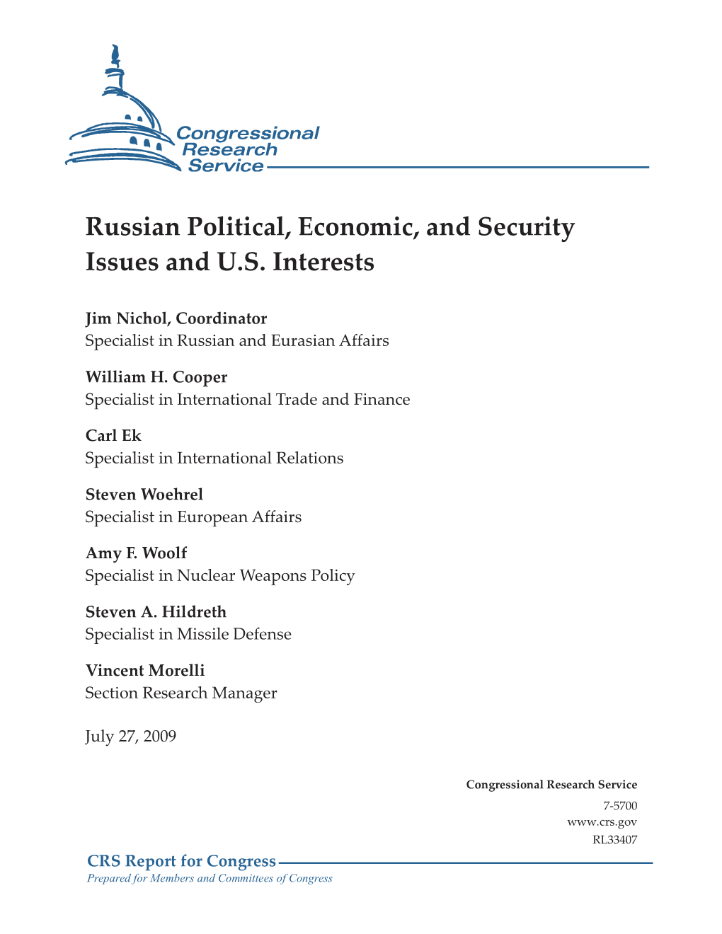 Russian Political, Economic, and Security Issues and U.S. Interests