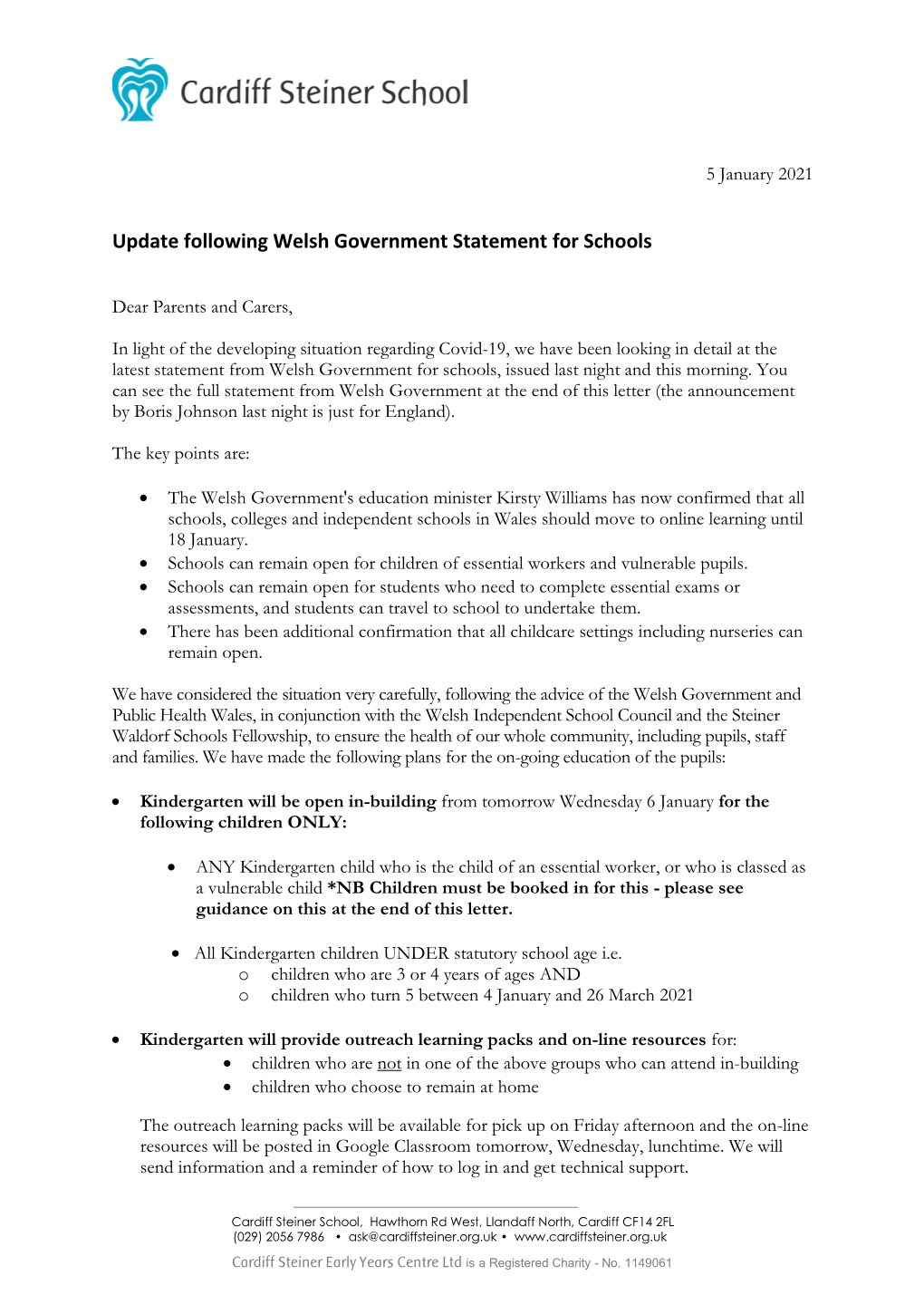 Update Following Welsh Government Statement for Schools