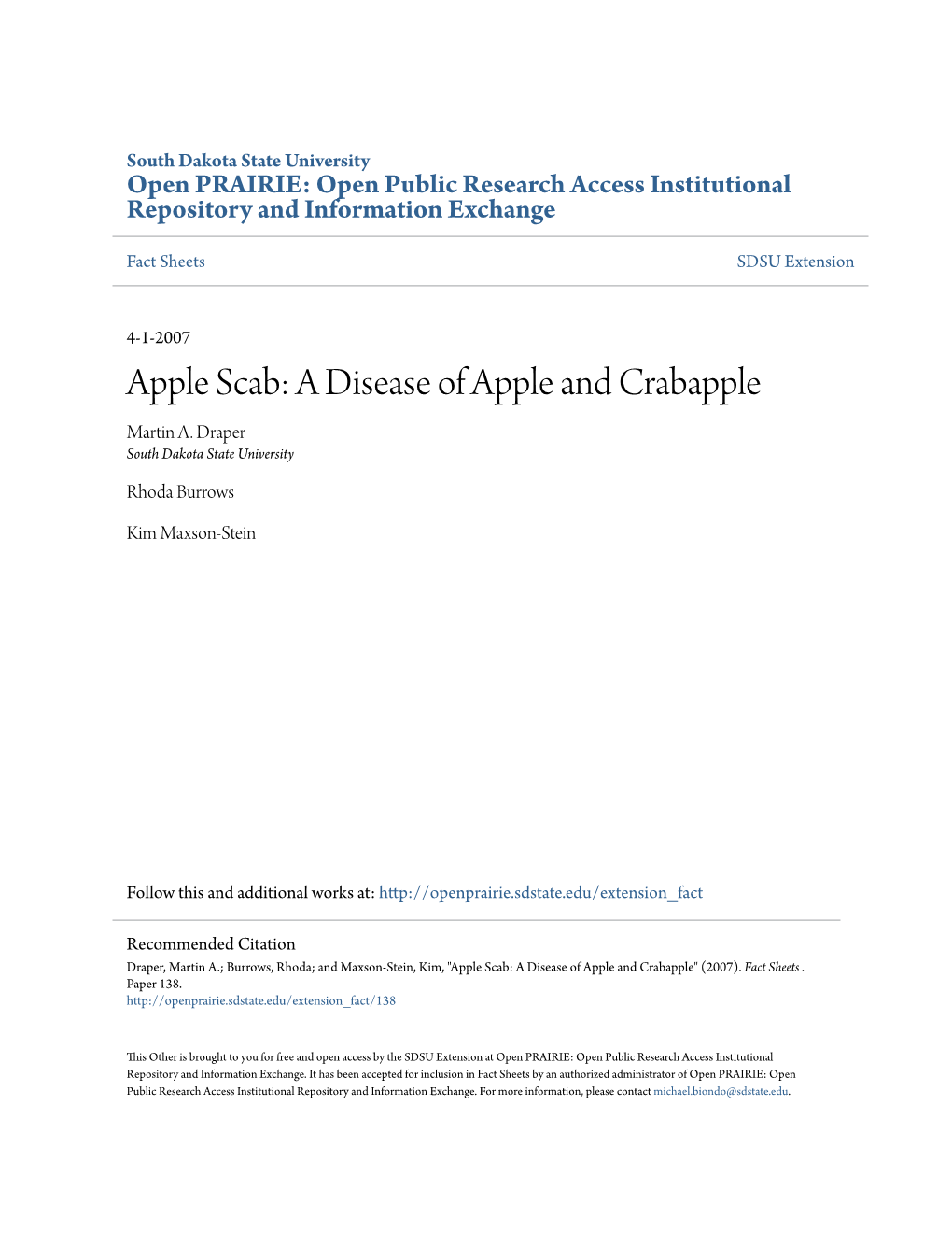 Apple Scab: a Disease of Apple and Crabapple Martin A