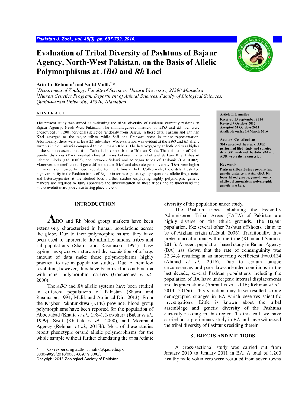 Evaluation of Tribal Diversity of Pashtuns of Bajaur Agency, North-West Pakistan, on the Basis of Allelic Polymorphisms at ABO and Rh Loci