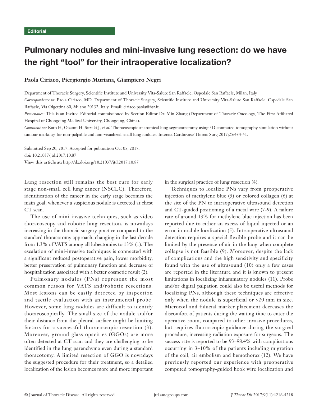 Pulmonary Nodules and Mini-Invasive Lung Resection: Do We Have the Right “Tool” for Their Intraoperative Localization?