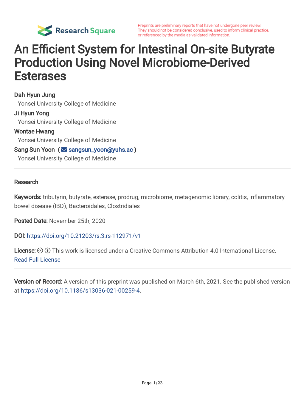 An E Cient System for Intestinal On-Site Butyrate Production Using