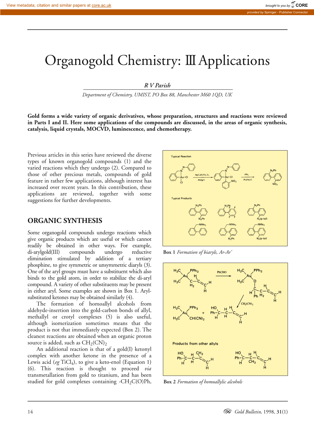 Organogold Chemistry: Iiiapplications