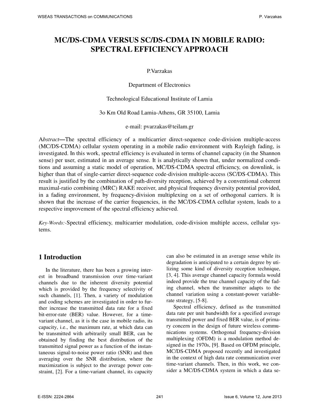 Mc/Ds-Cdma Versus Sc/Ds-Cdma in Mobile Radio: Spectral Efficiency Approach