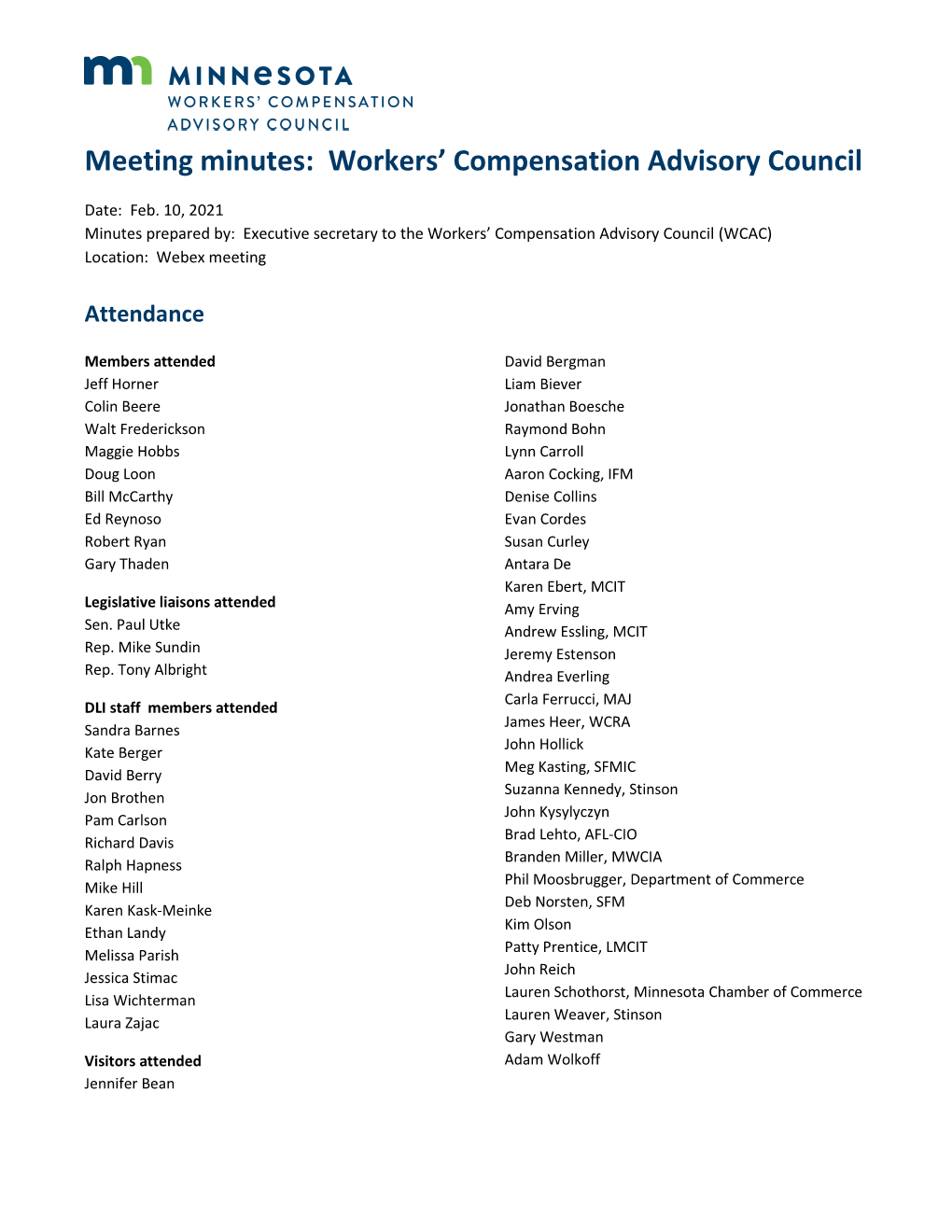 Minutes: Workers' Compensation Advisory Council, Feb. 10, 2021