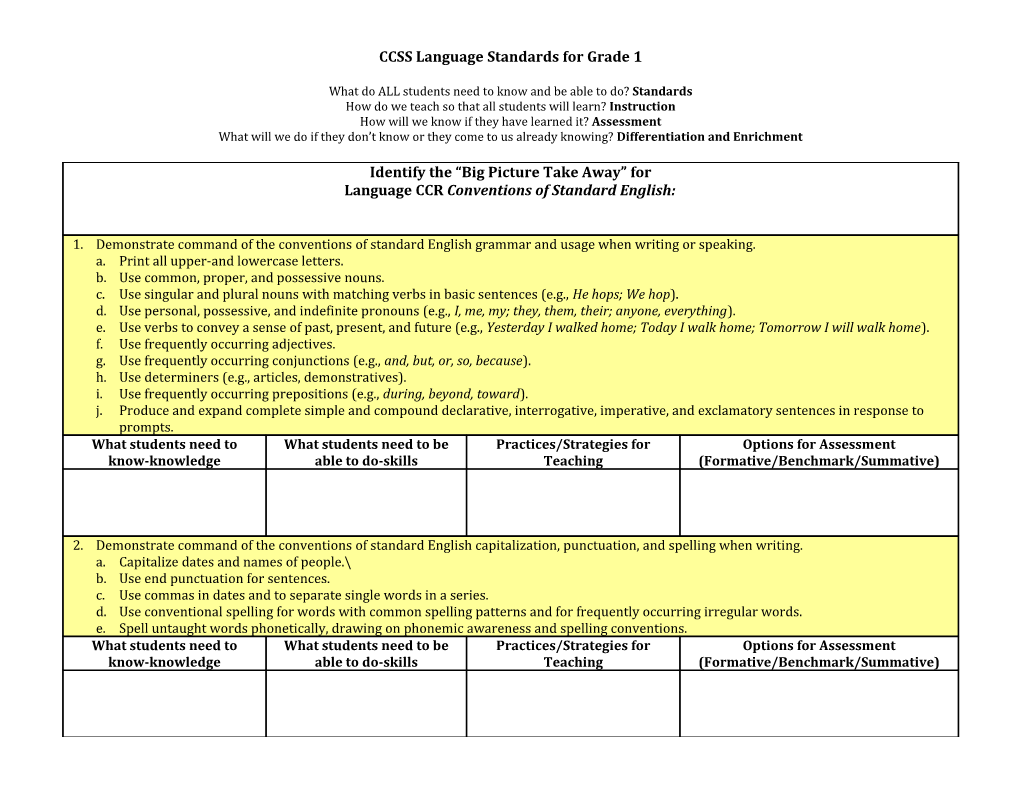 CCSS Language Standards for Grade 1