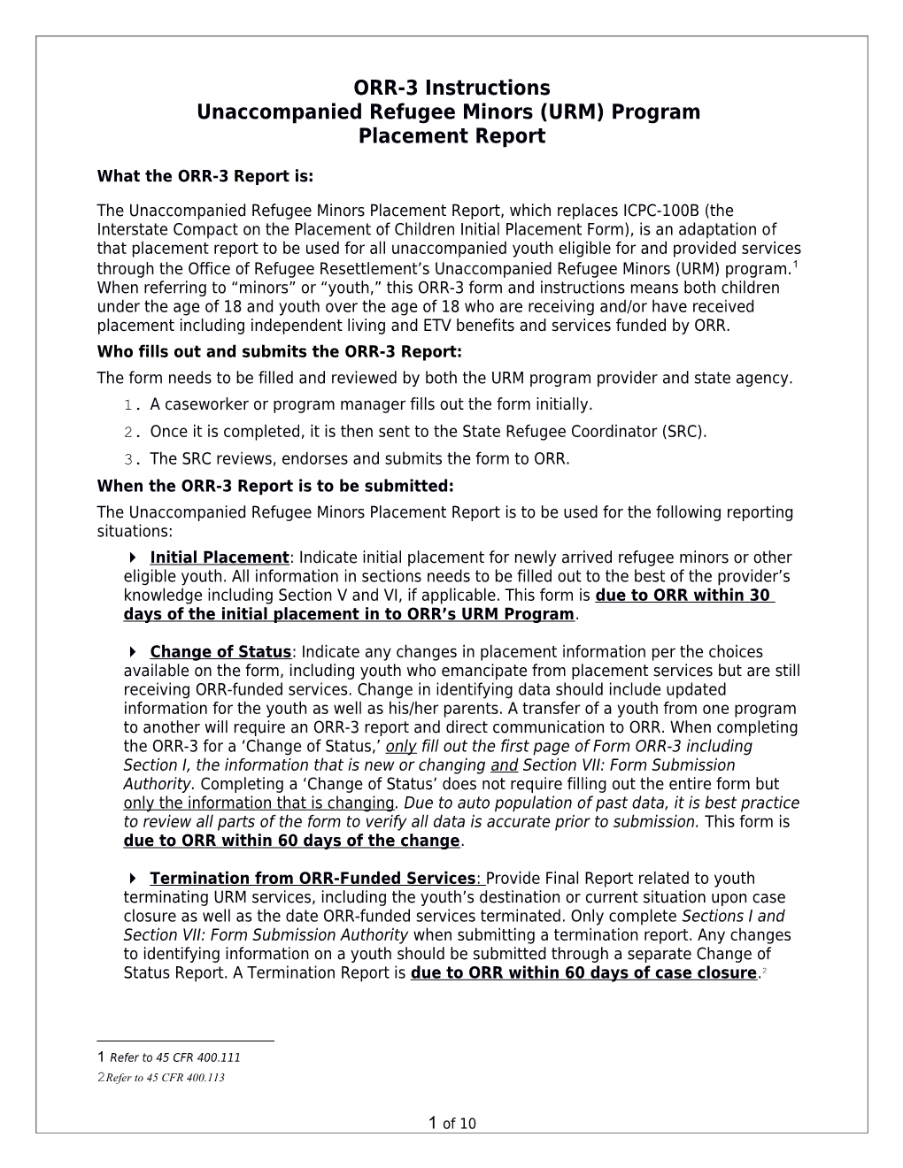 URM ORR-3 and ORR-4 Report Forms