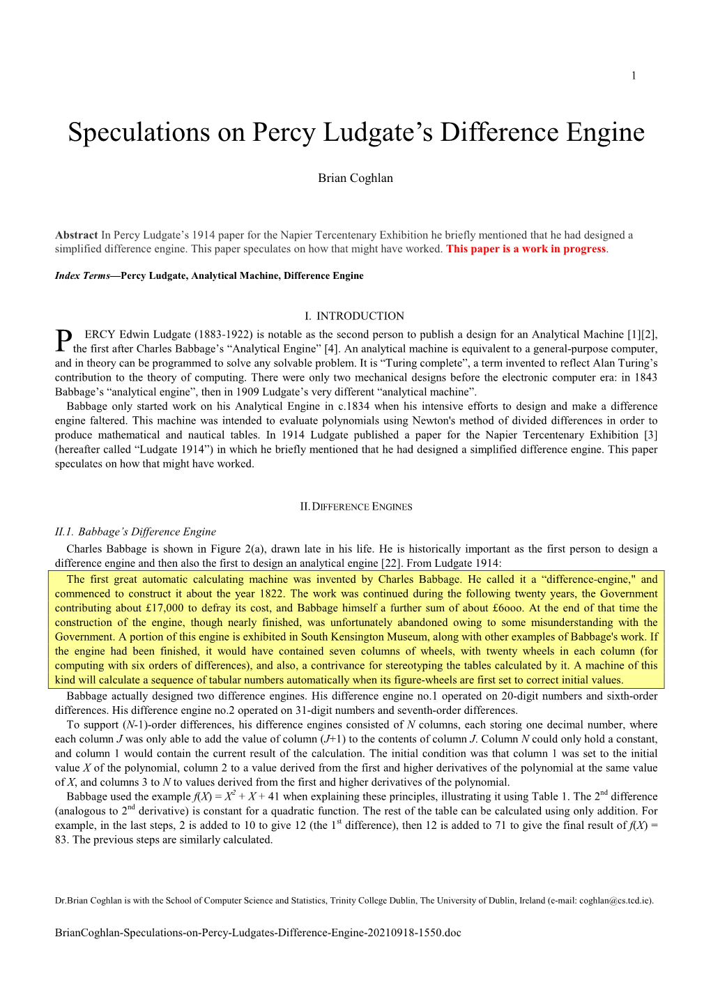 Speculations on Percy Ludgate's Difference Engine