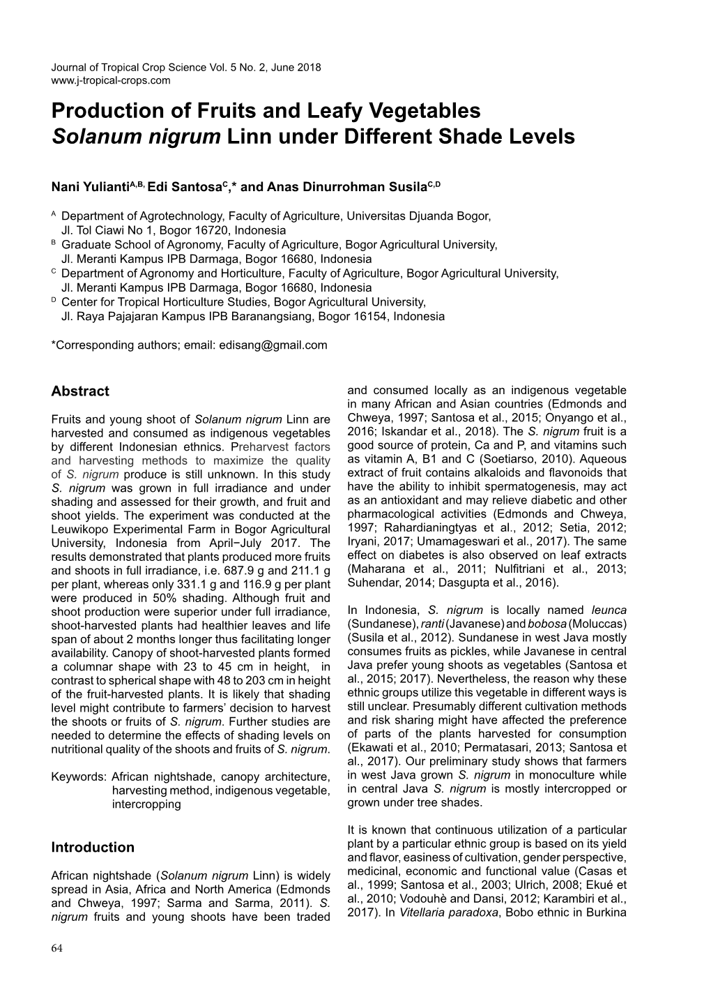 Production of Fruits and Leafy Vegetables Solanum Nigrum Linn Under Different Shade Levels