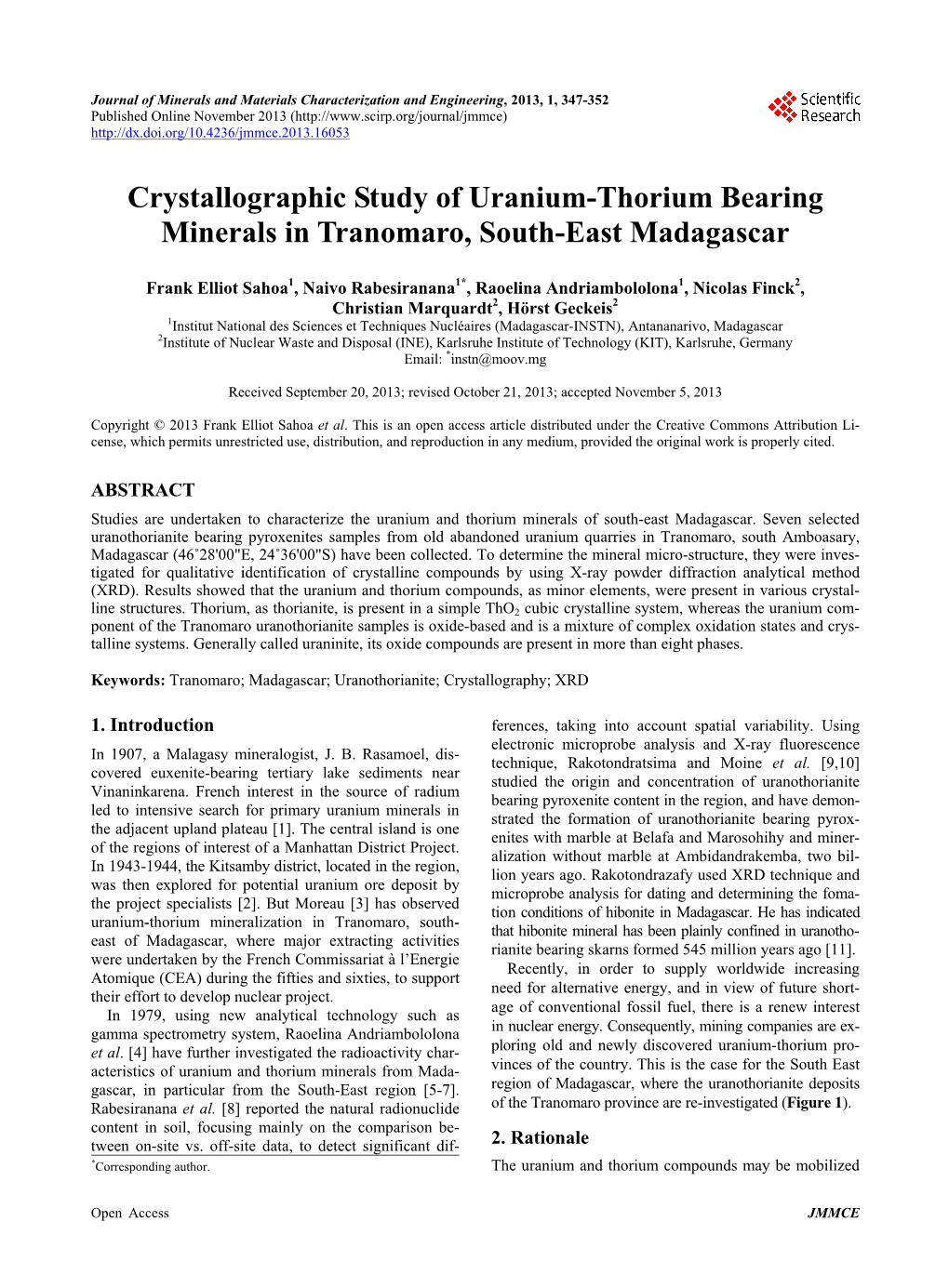 Crystallographic Study of Uranium-Thorium Bearing Minerals in Tranomaro, South-East Madagascar