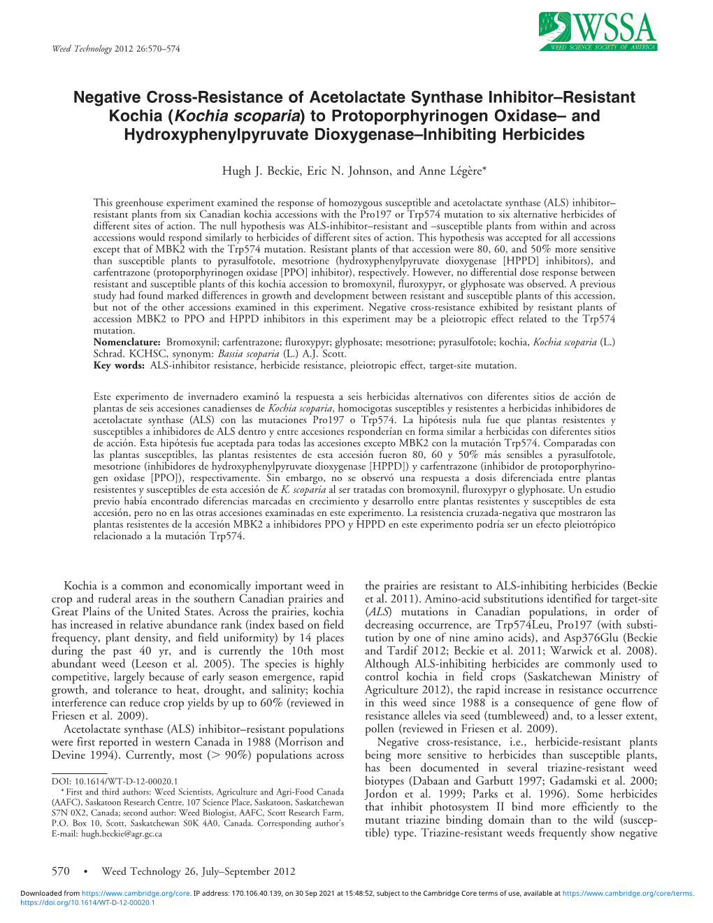 Negative Cross-Resistance of Acetolactate Synthase Inhibitor–Resistant Kochia (Kochia Scoparia) to Protoporphyrinogen Oxidase