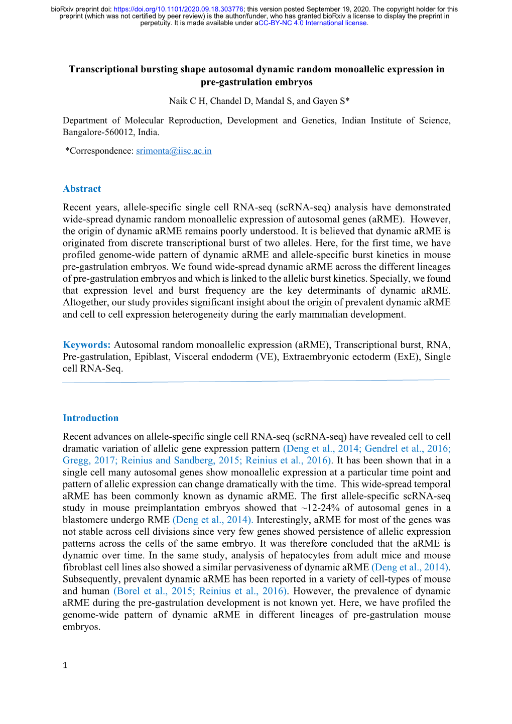 Transcriptional Bursting Shape Autosomal Dynamic Random Monoallelic Expression in Pre-Gastrulation Embryos Naik C H, Chandel D, Mandal S, and Gayen S*