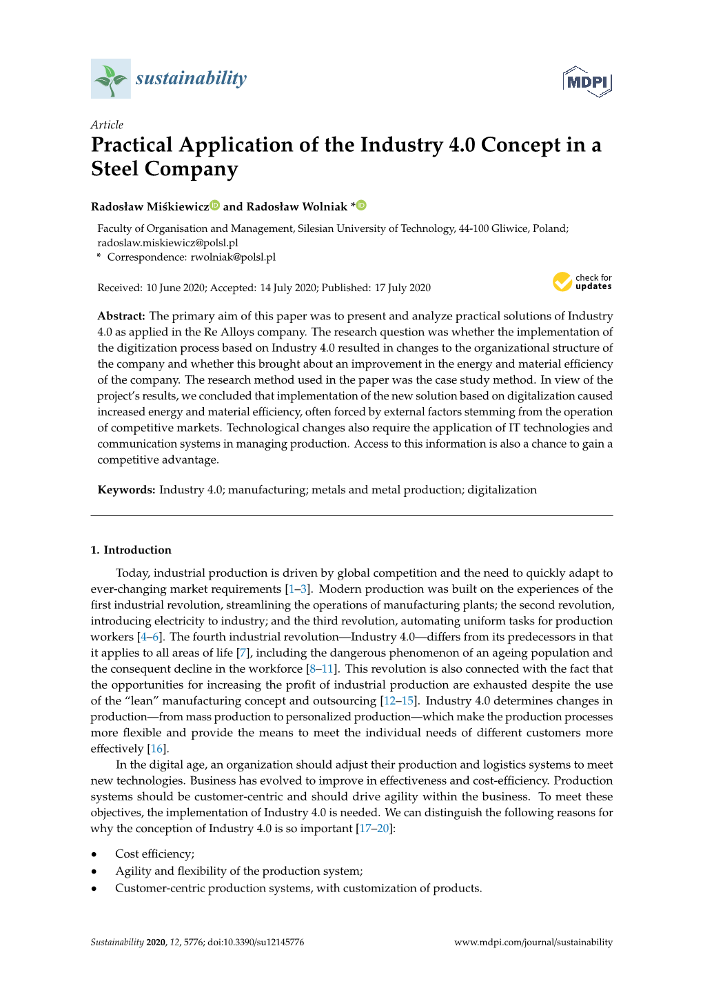 Practical Application of the Industry 4.0 Concept in a Steel Company