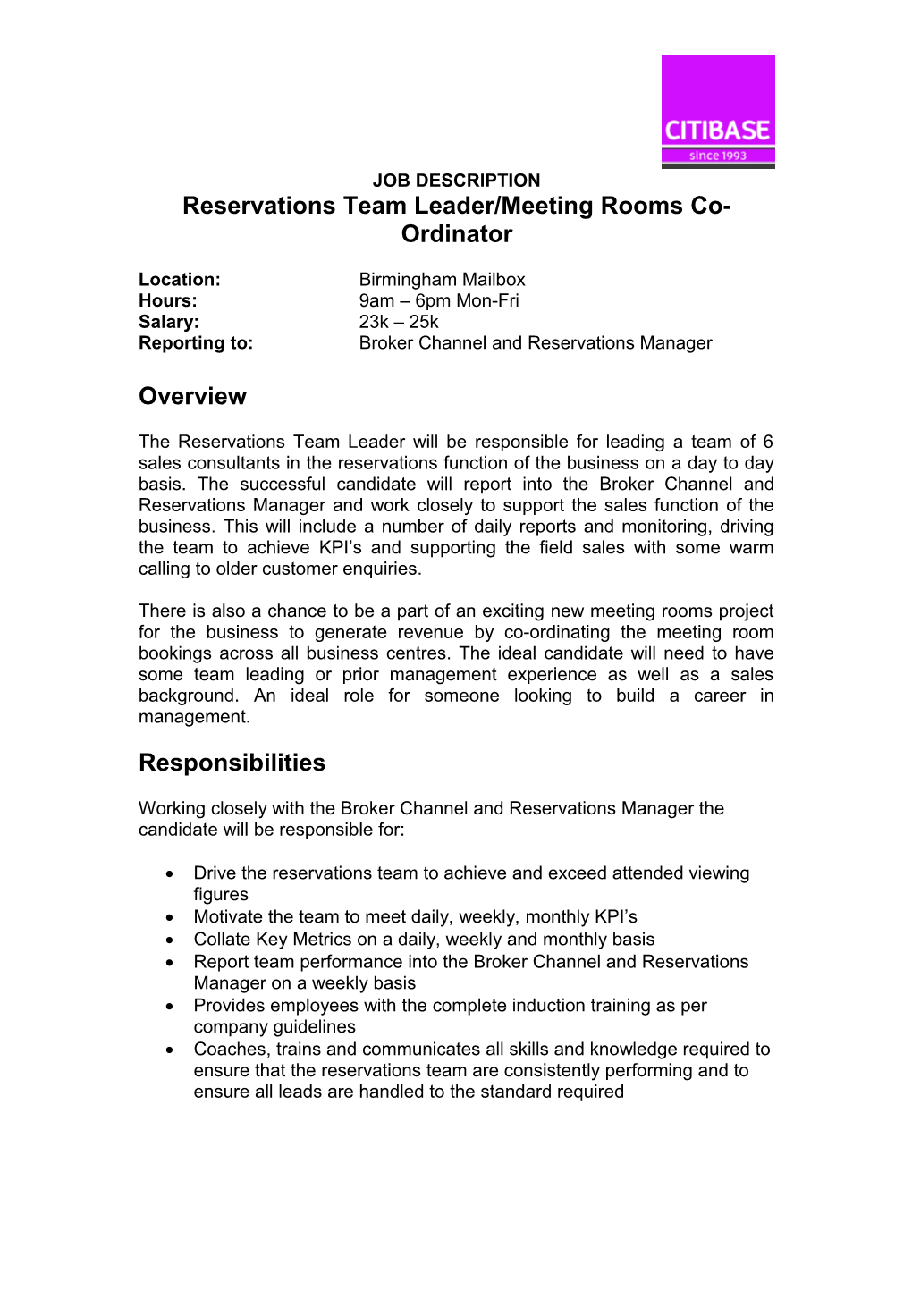 Reservations Team Leader/Meeting Rooms Co-Ordinator