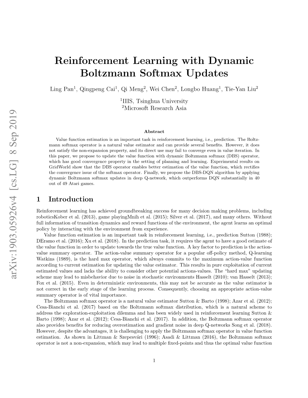 Reinforcement Learning with Dynamic Boltzmann Softmax Updates Arxiv