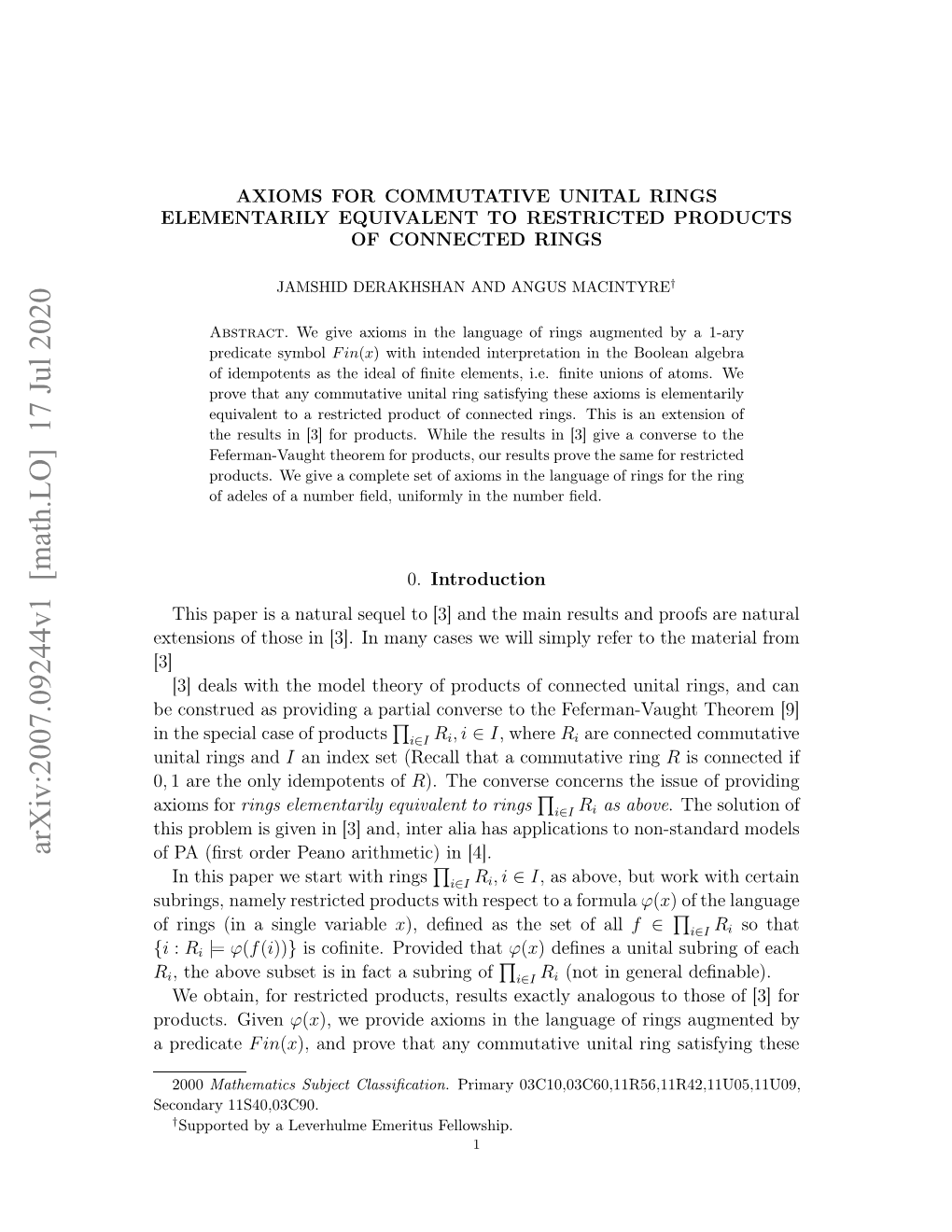 Arxiv:2007.09244V1 [Math.LO] 17 Jul 2020 Rdcs Given Products