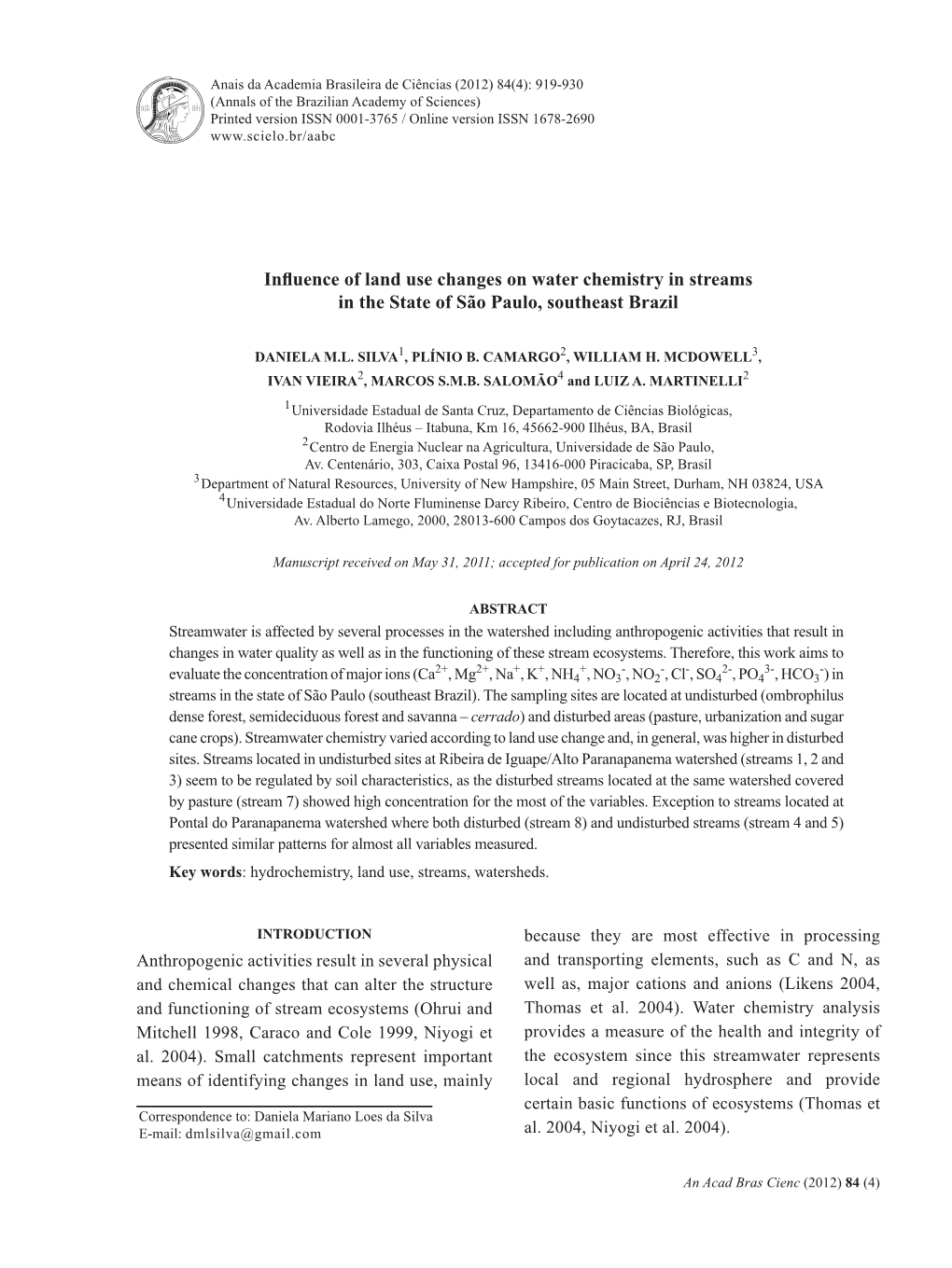 Influence of Land Use Changes on Water Chemistry in Streams in the State of São Paulo, Southeast Brazil