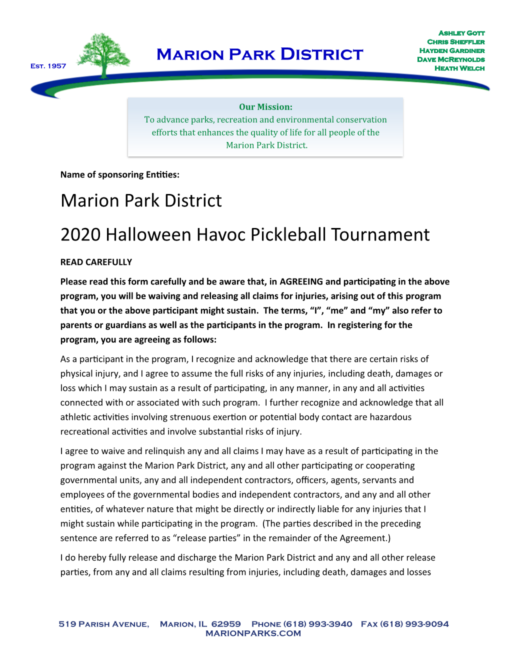 Marion Park District 2020 Halloween Havoc Pickleball Tournament