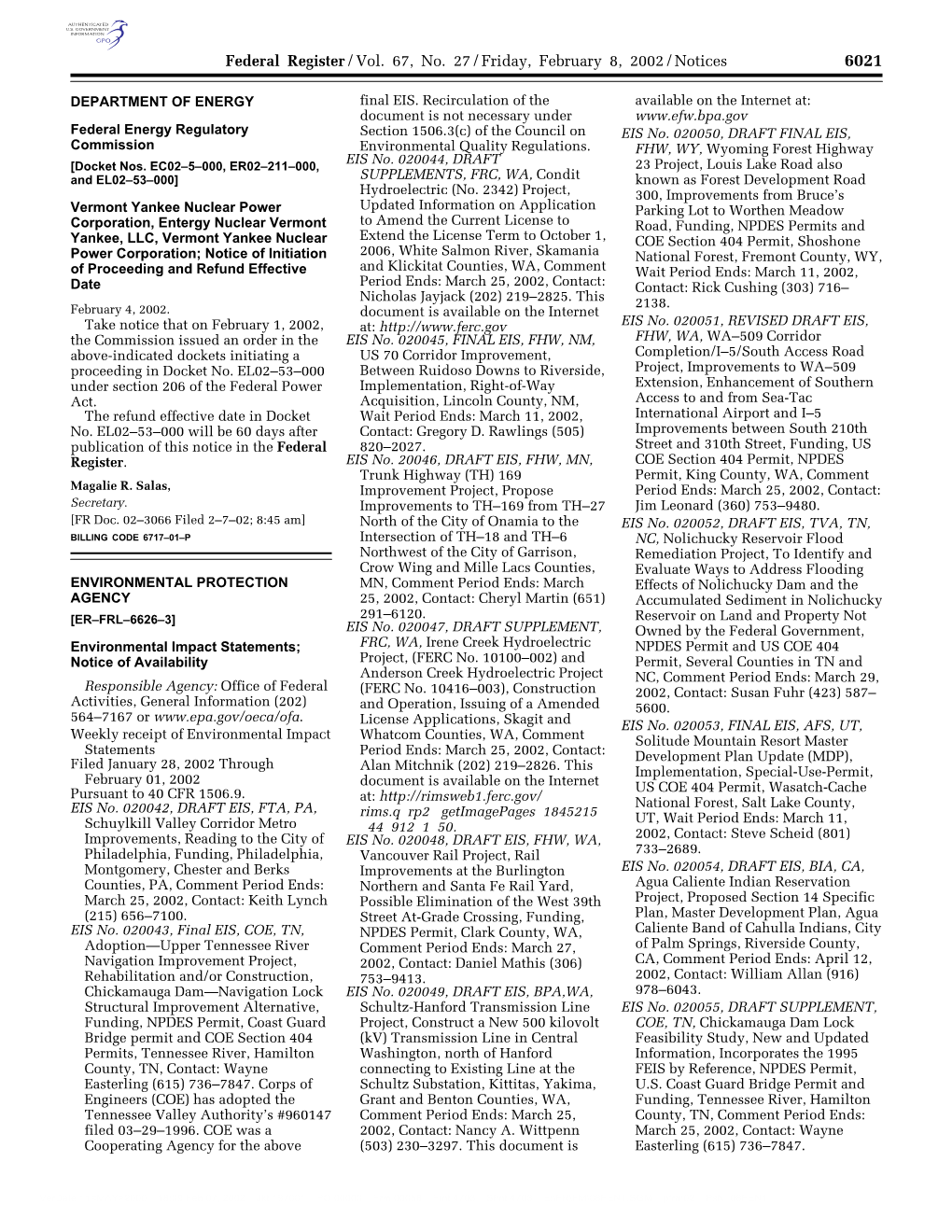 Federal Register/Vol. 67, No. 27/Friday, February 8, 2002/Notices