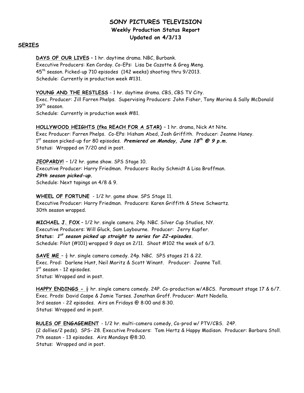 SONY PICTURES TELEVISION Weekly Production Status Report Updated on 4/3/13 SERIES