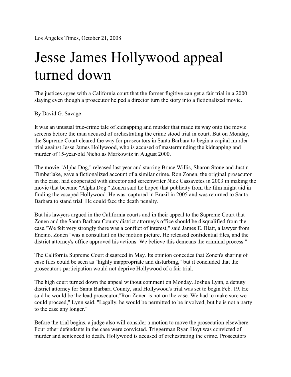 Jesse James Hollywood Appeal Turned Down
