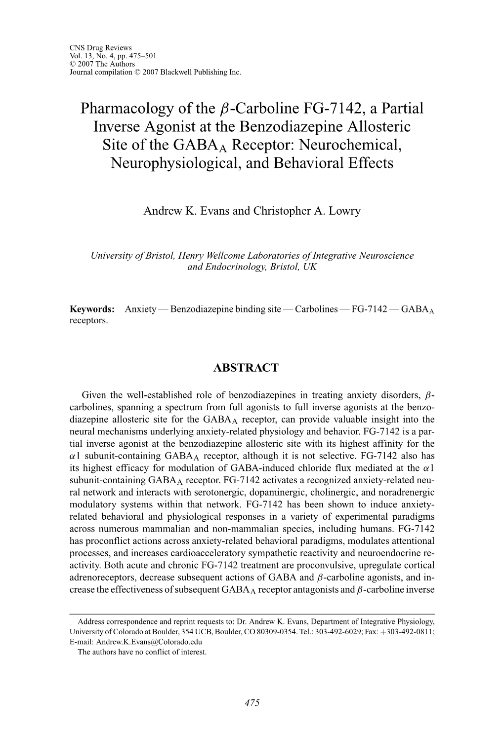 Pharmacology of the Β-Carboline FG-7142, a Partial