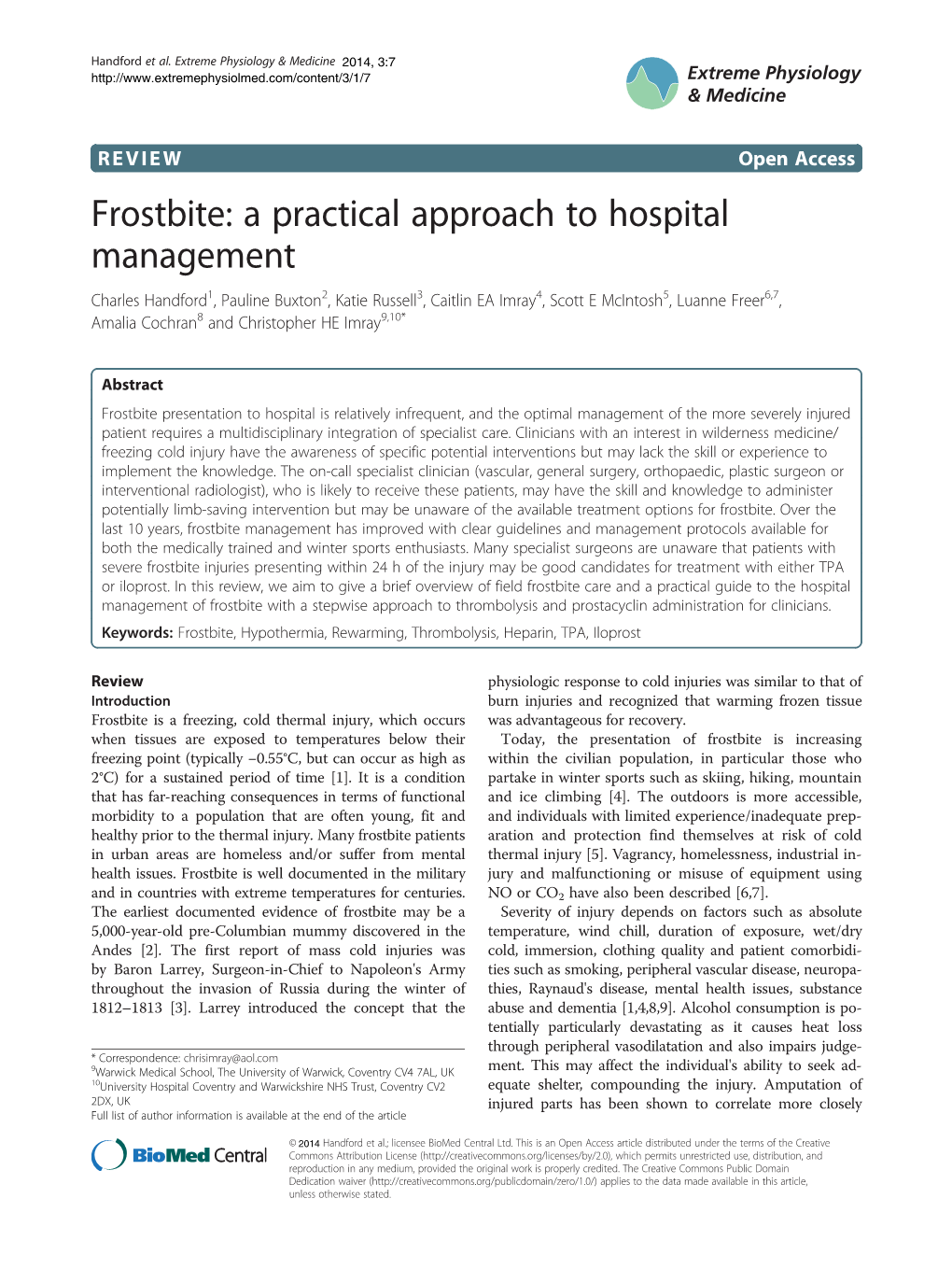 Frostbite: a Practical Approach to Hospital Management