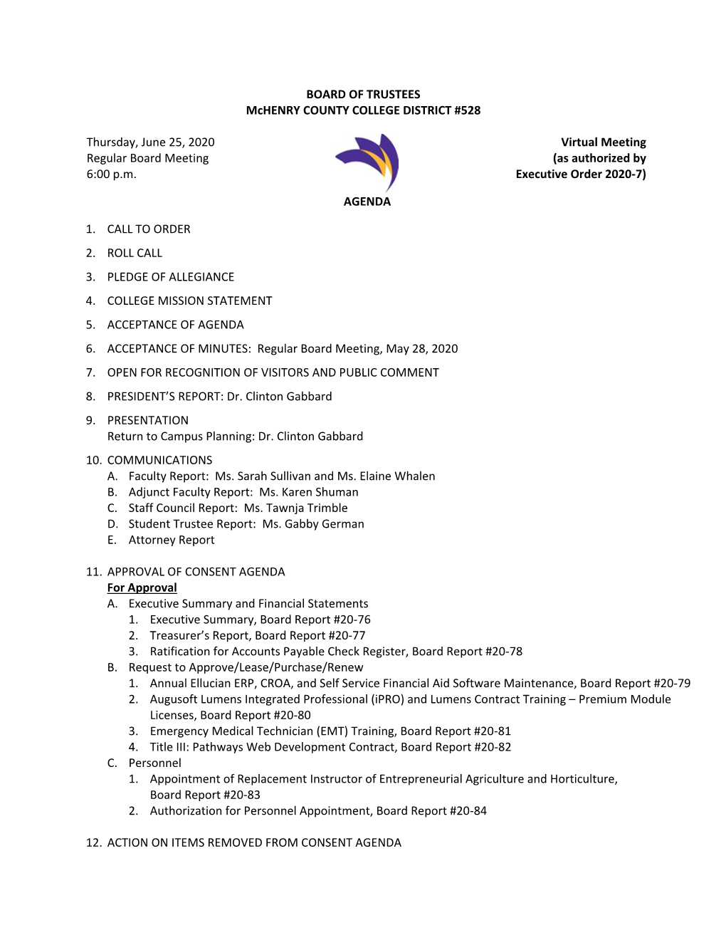 06/25/20 Board of Trustees Regular Board Meeting