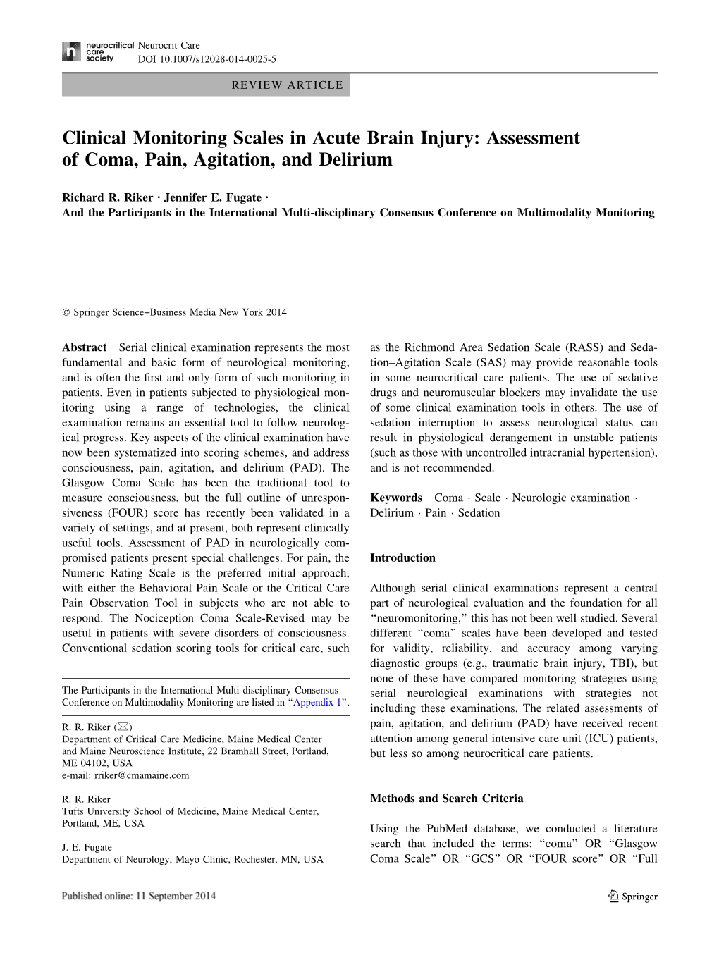 Clinical Monitoring Scales in Acute Brain Injury: Assessment of Coma, Pain, Agitation, and Delirium