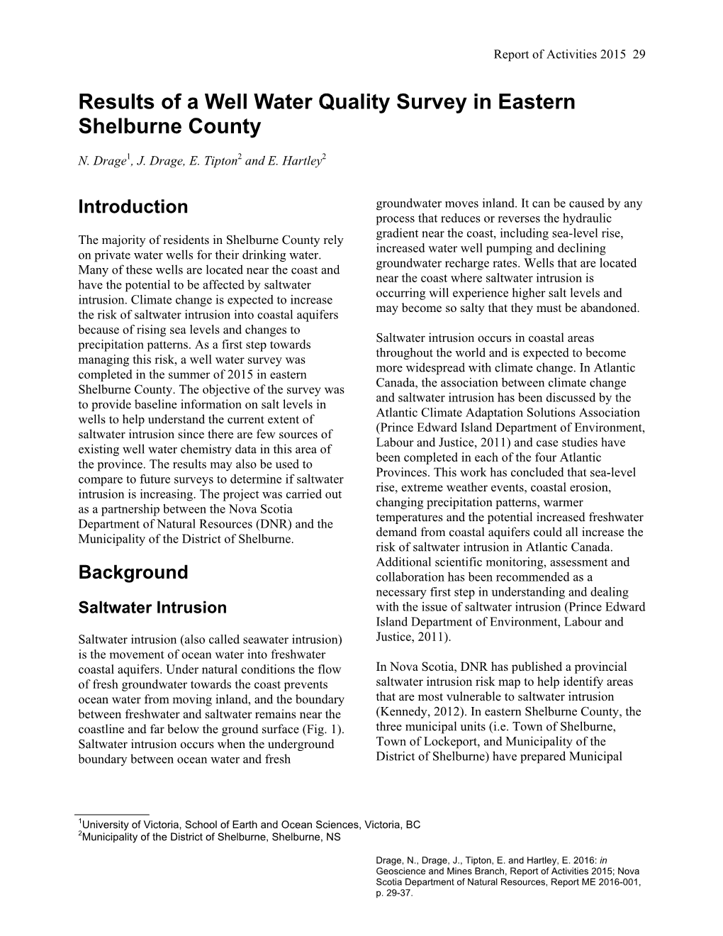 Results of a Well Water Quality Survey in Eastern Shelburne County