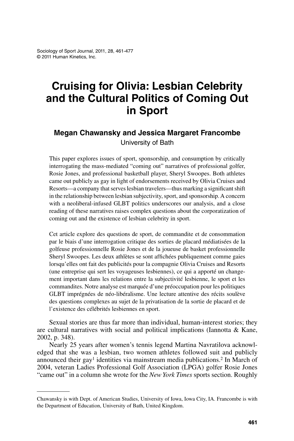 Cruising for Olivia: Lesbian Celebrity and the Cultural Politics of Coming out in Sport