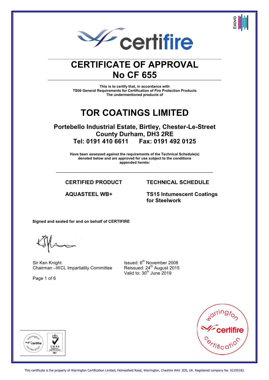 CERTIFICATE of APPROVAL No CF 655 TOR COATINGS LIMITED