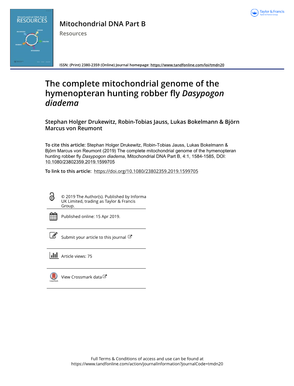 The Complete Mitochondrial Genome of the Hymenopteran Hunting Robber Fly Dasypogon Diadema