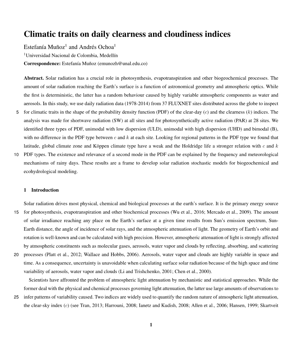 Climatic Traits on Daily Clearness and Cloudiness Indices